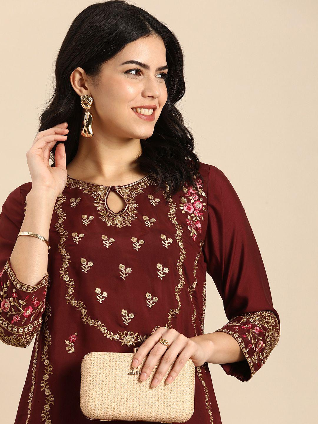 anouk floral embroidered keyhole neck thread work kurta with trousers