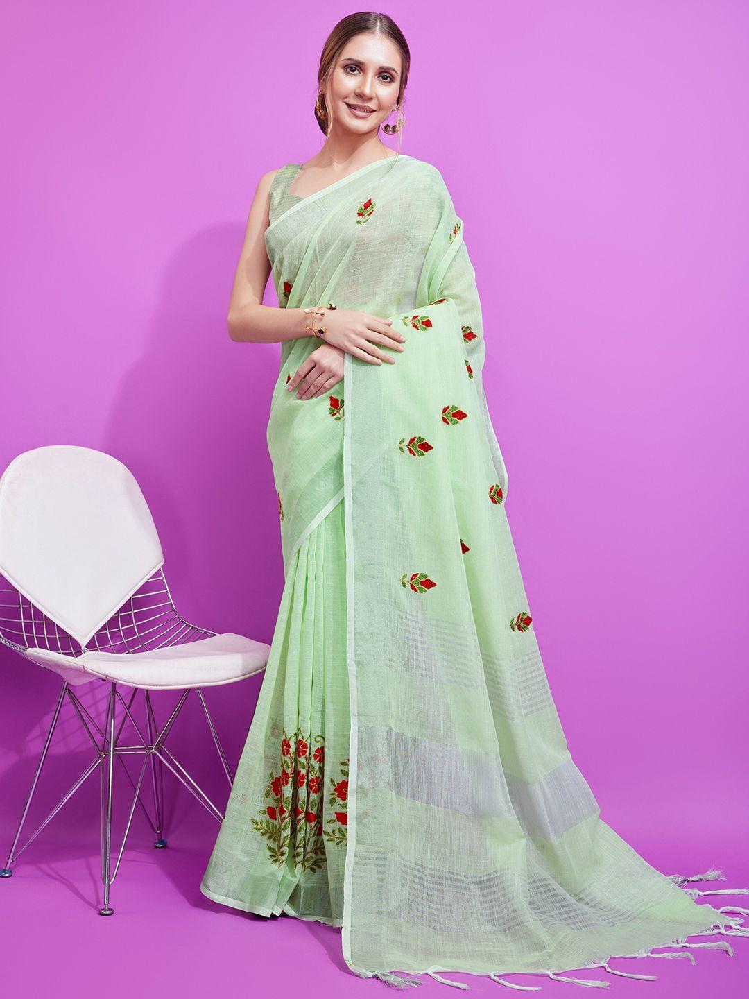 anouk floral embroidered linen blend saree