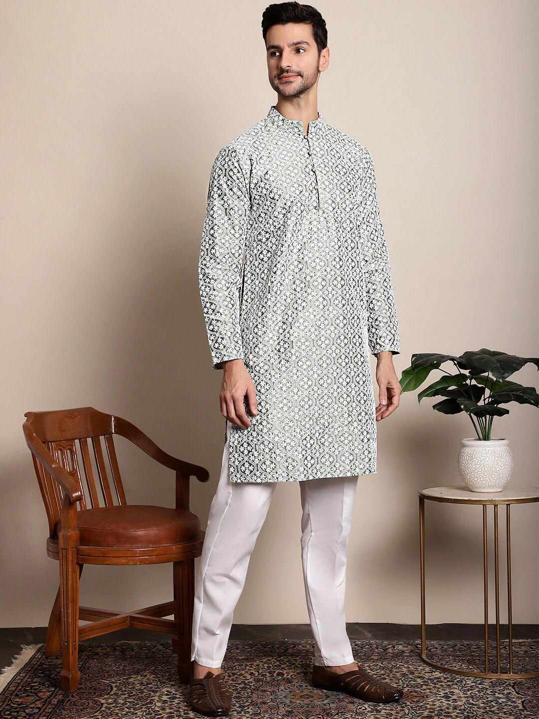 anouk floral embroidered mandarin collar thread work cotton silk kurta