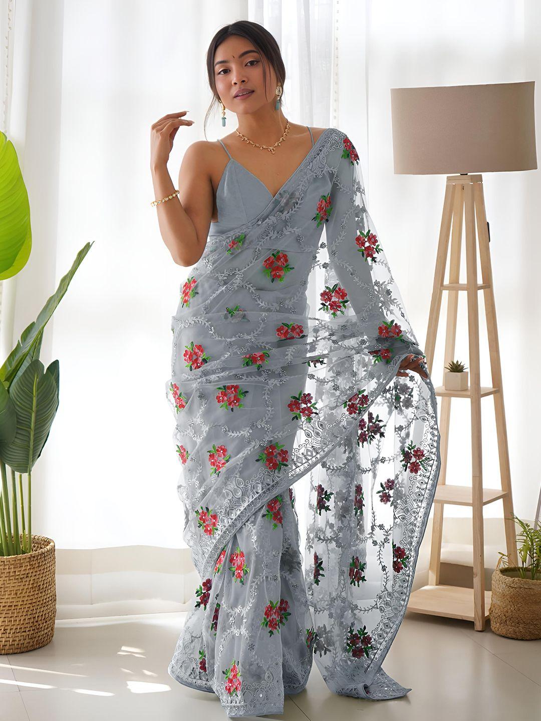 anouk floral embroidered net saree