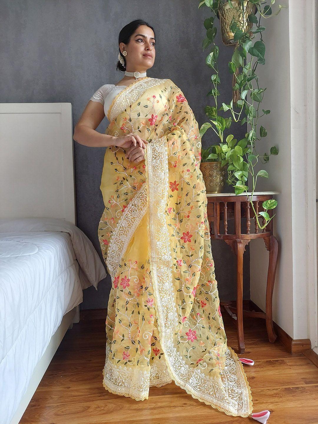 anouk floral embroidered organza saree