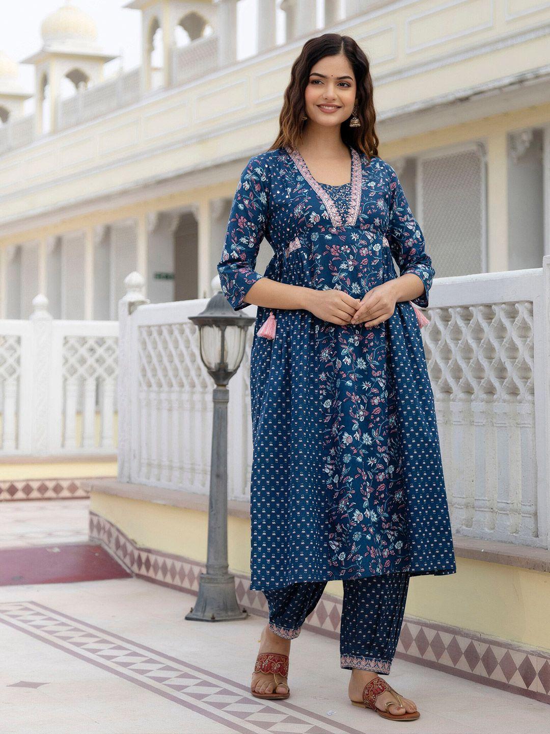 anouk floral embroidered pure cotton a-line kurta with patiala & dupatta