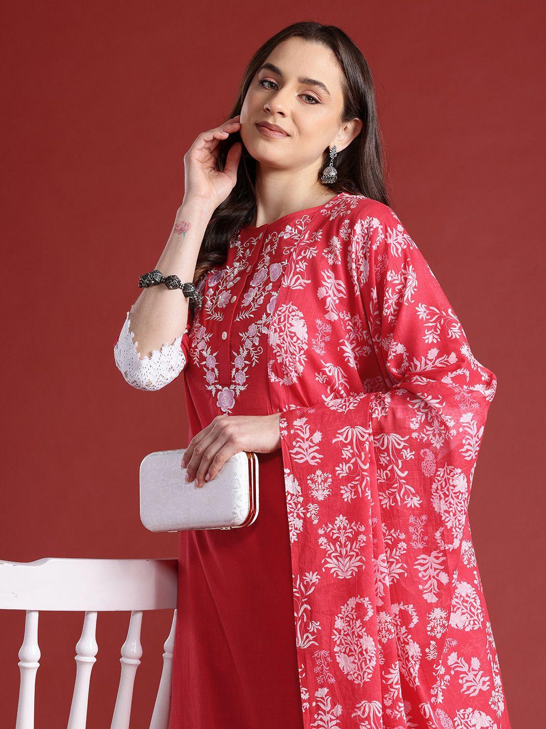 anouk floral embroidered pure cotton kurta with trousers & dupatta