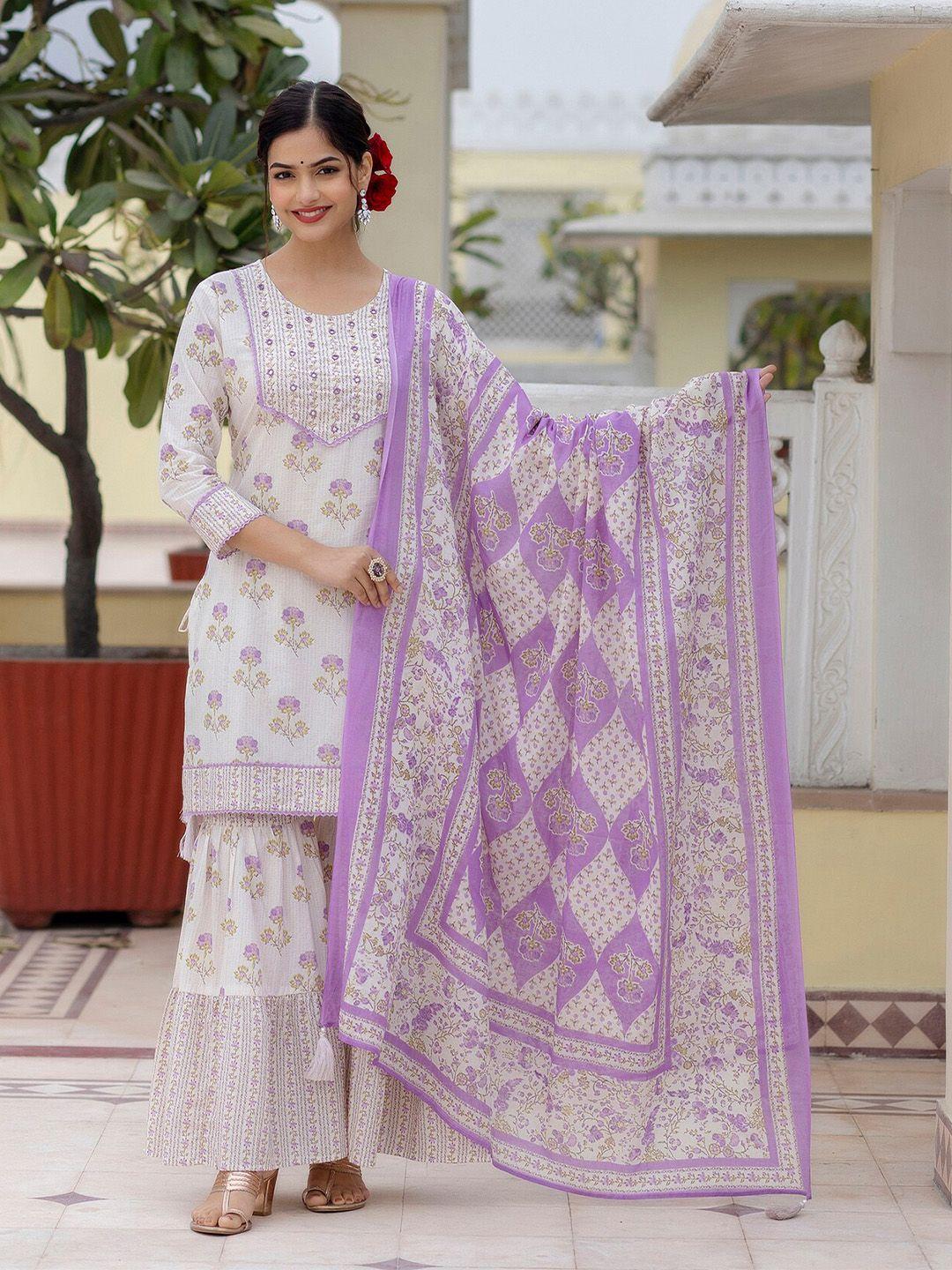 anouk floral embroidered pure cotton straight kurta with sharara & dupatta