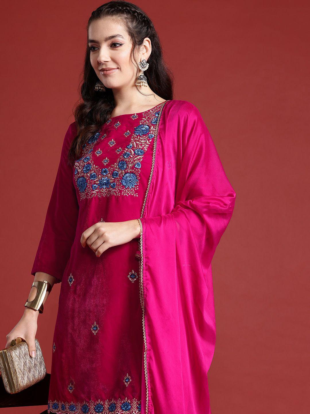 anouk floral embroidered regular velvet kurta with trousers & dupatta