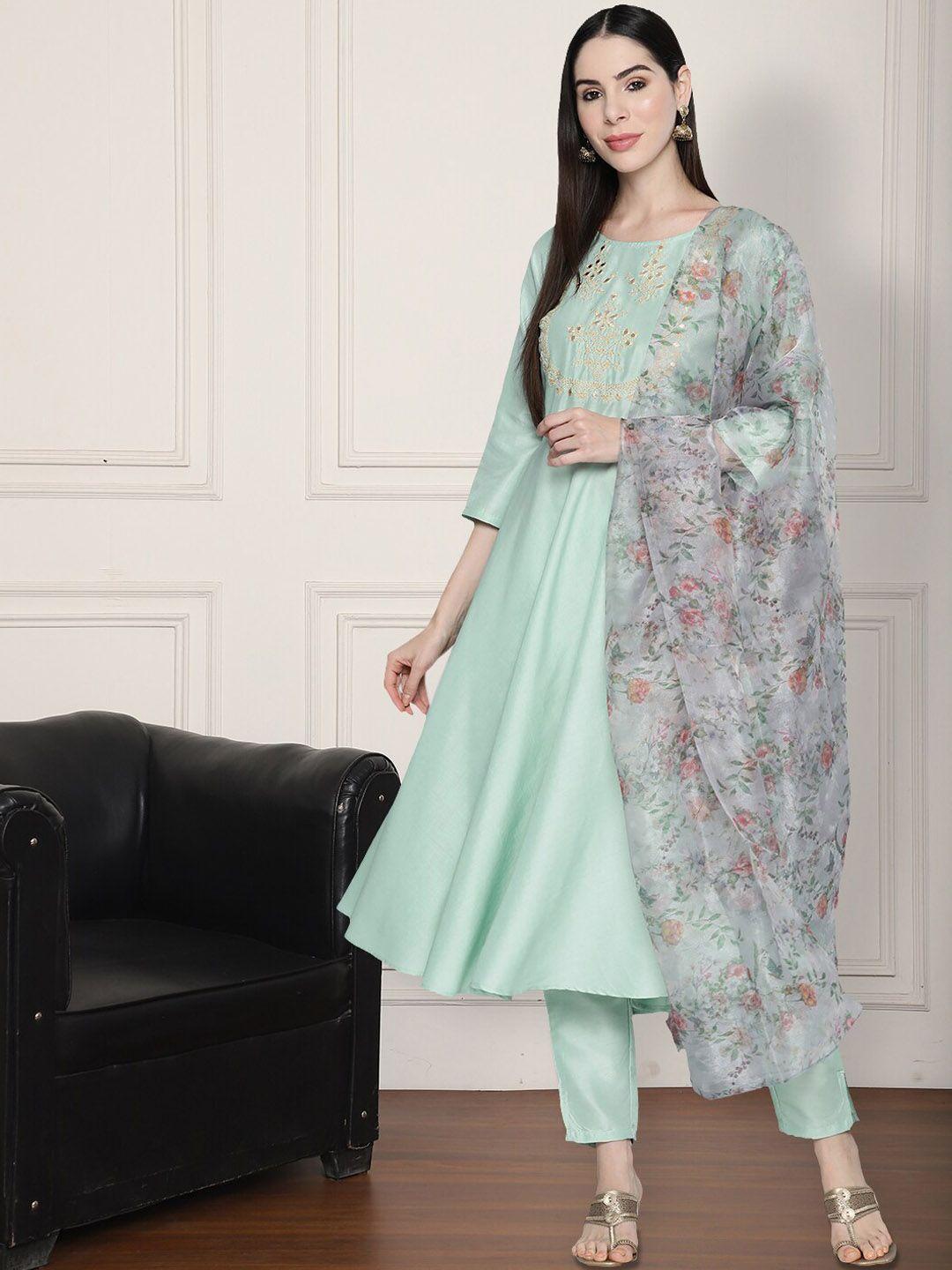 anouk floral embroidered round neck anarkali kurta with trousers & dupatta