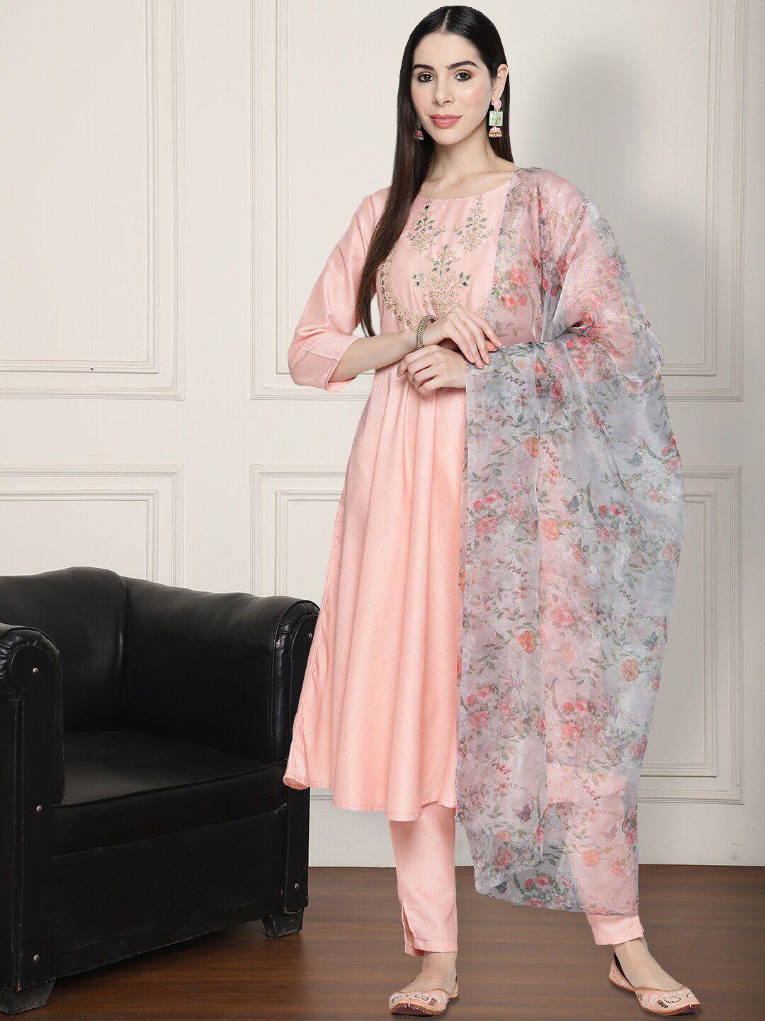 anouk floral embroidered round neck empire anarkali kurta with trousers & dupatta