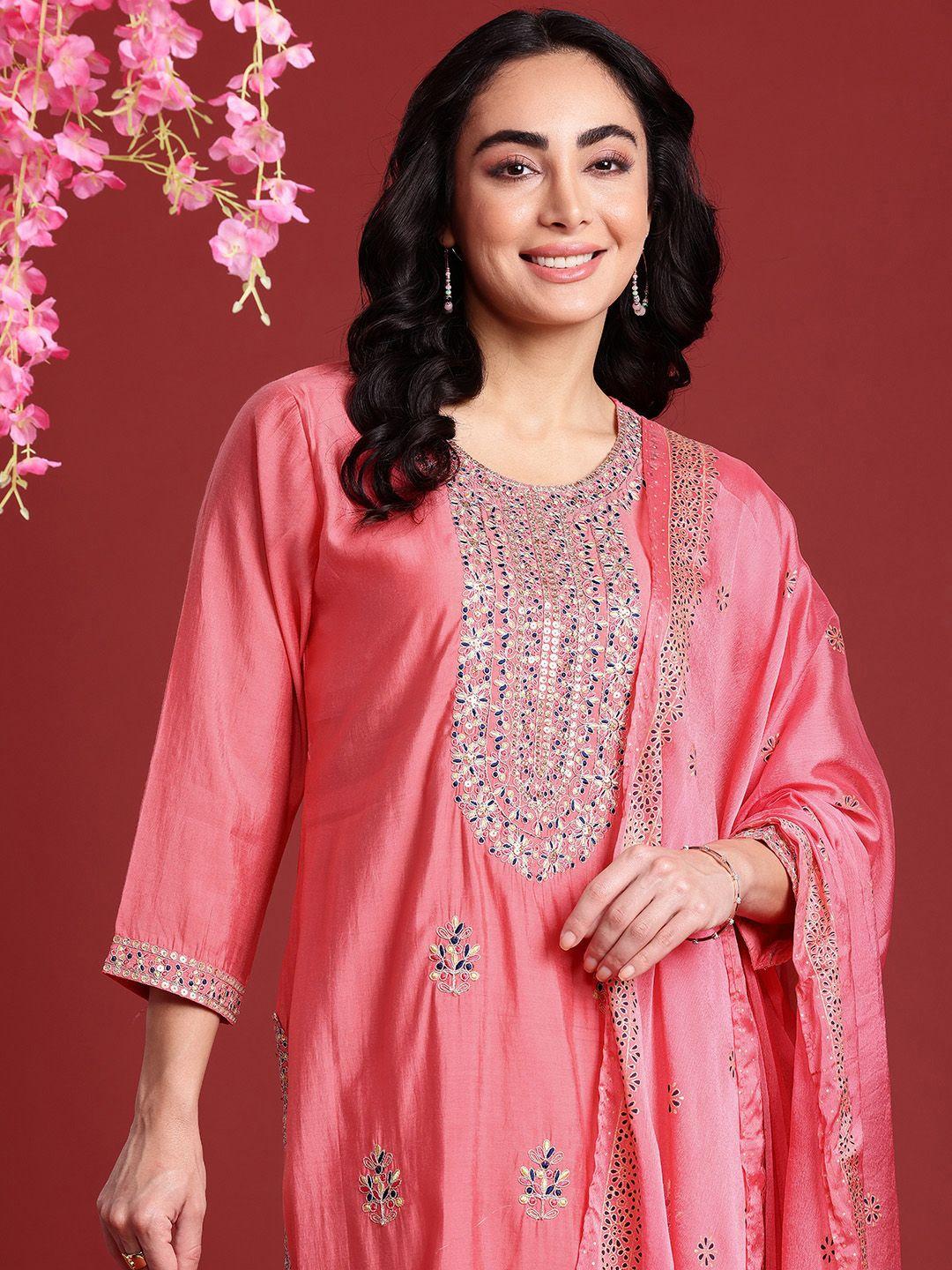 anouk floral embroidered sequinned kurta with trousers & dupatta