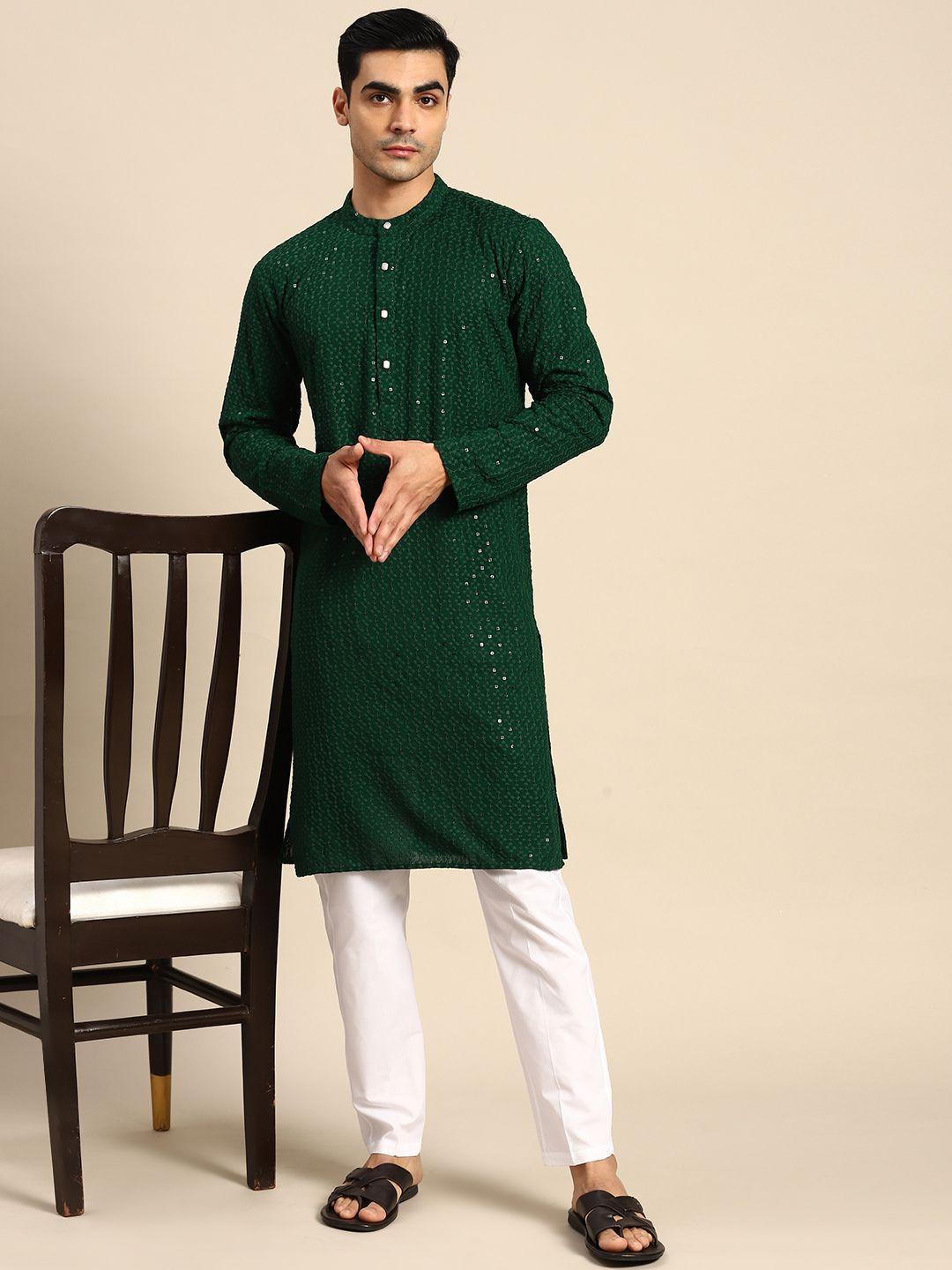 anouk floral embroidered sequinned pure cotton kurta with pyjamas