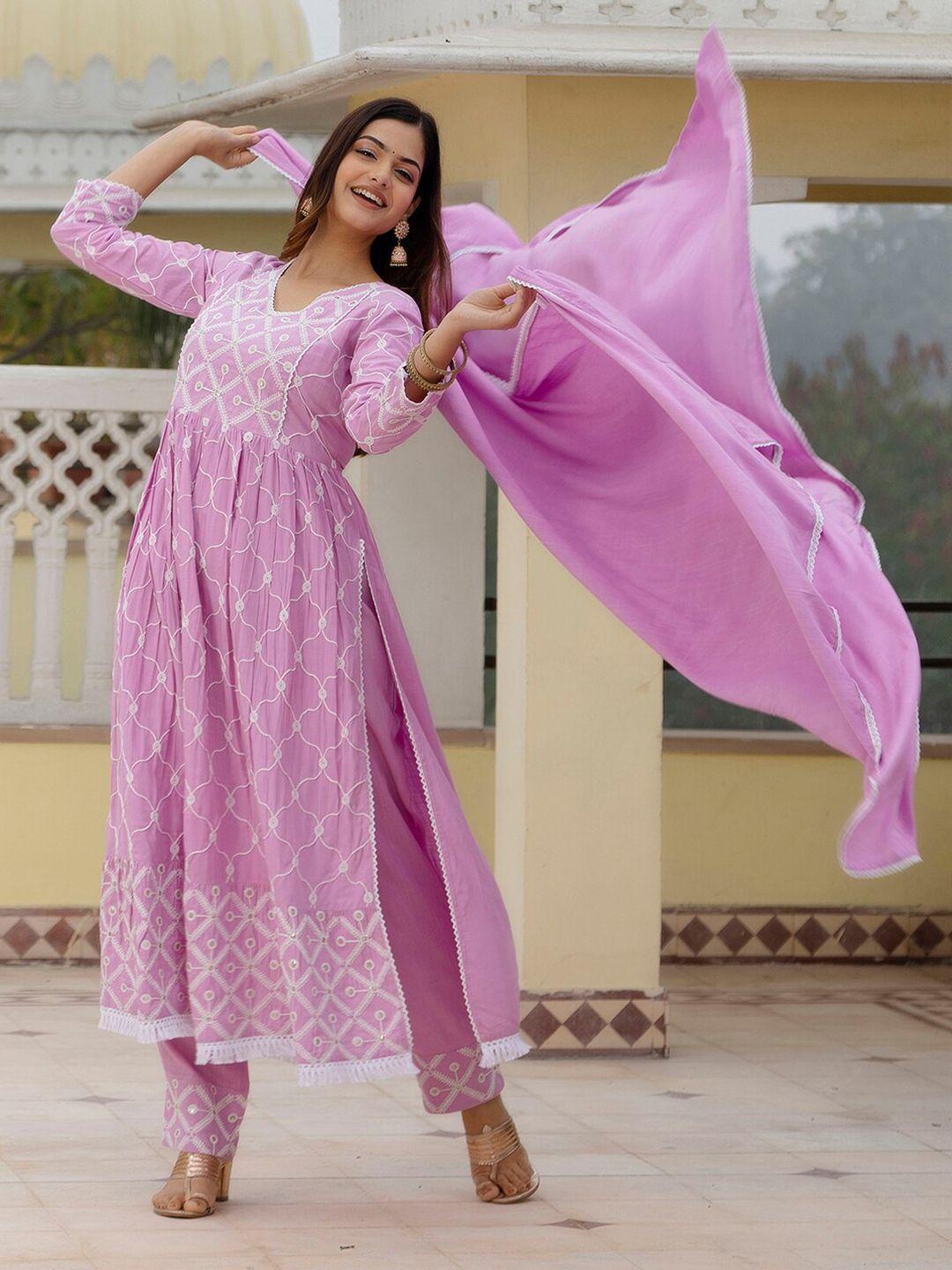 anouk floral embroidered straight kurta with trousers & dupatta