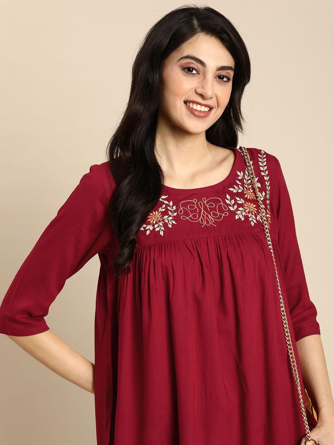anouk floral embroidered thread work pleated kurti