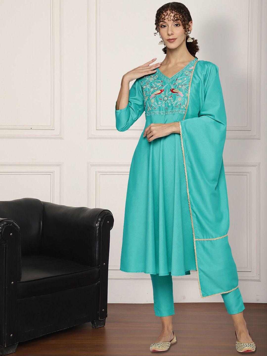 anouk floral embroidered v-neck a-line kurta with trousers & dupatta