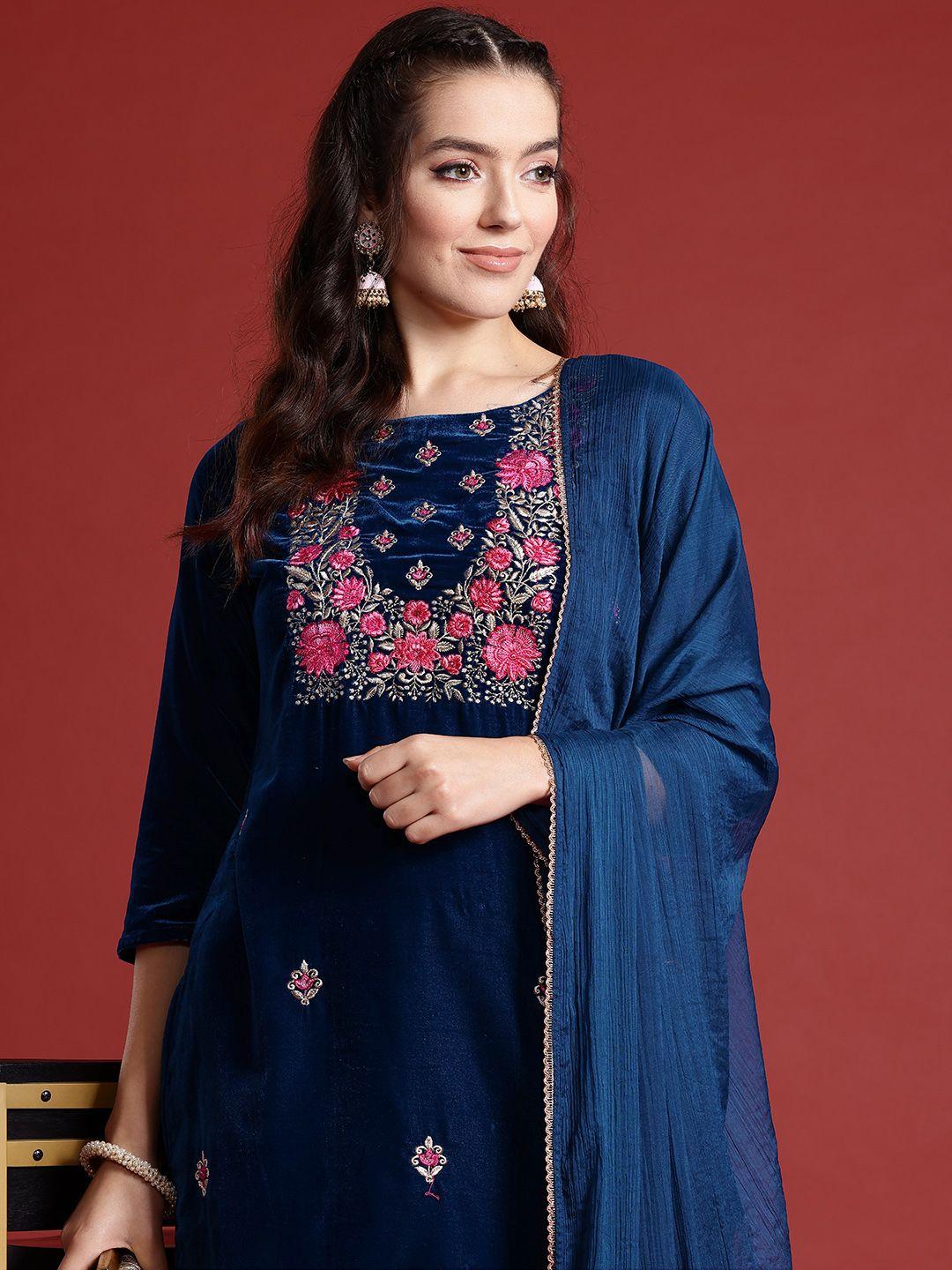 anouk floral embroidered zari velvet kurta with trousers & dupatta