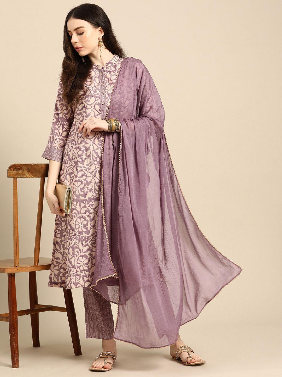 anouk floral foil printed regular kurta with trousers & dupatta