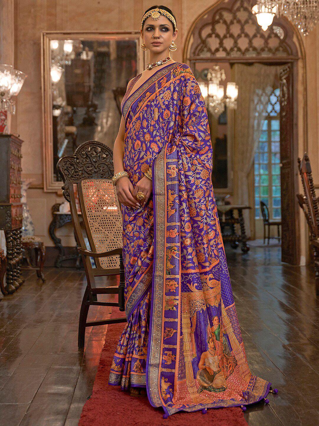 anouk floral motif zari saree with embelished border