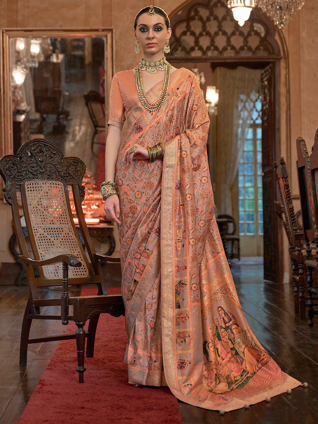 anouk floral motifs printed beads and stones embellished banarasi saree