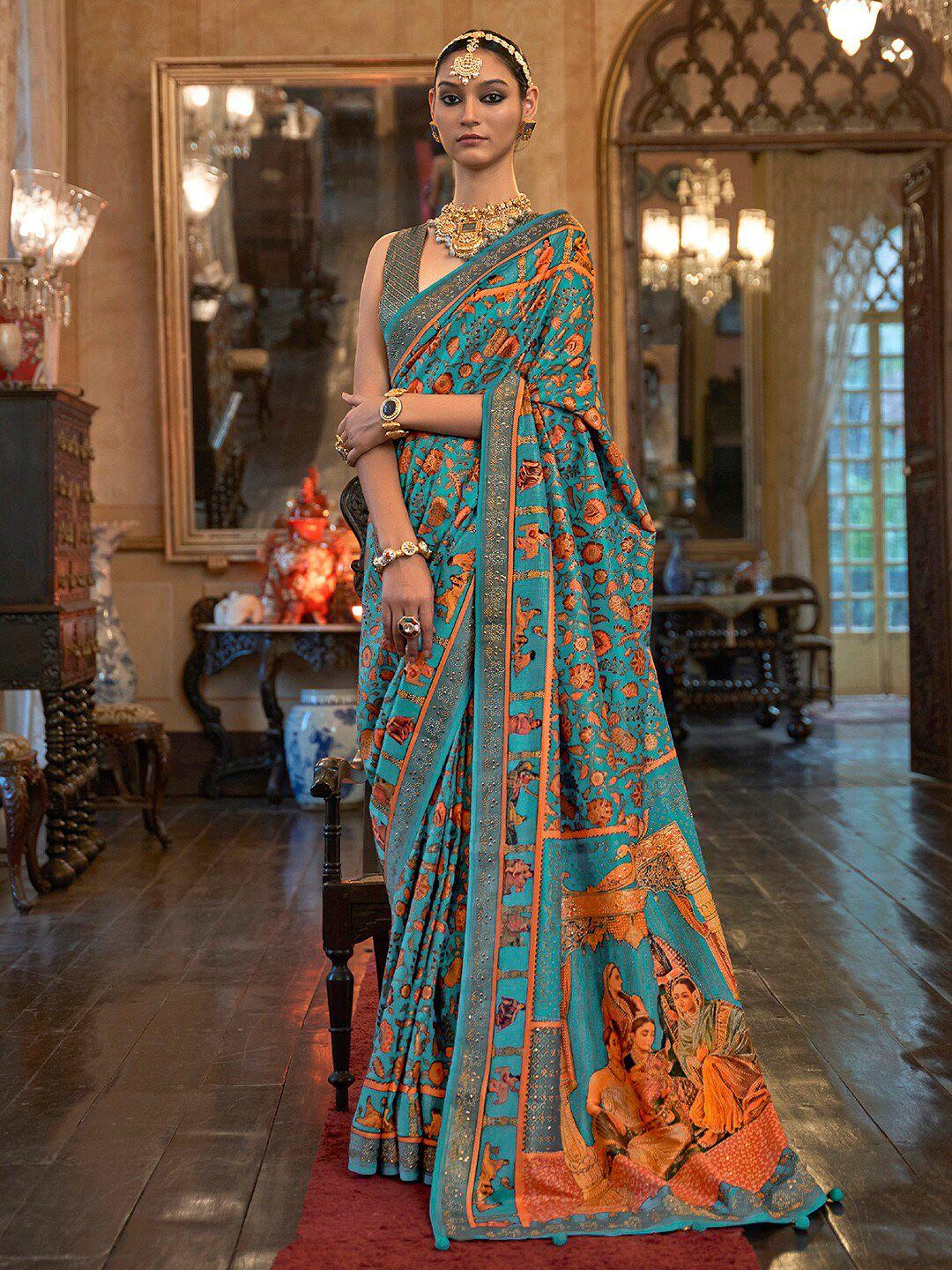 anouk floral motifs printed beads and stones embellished banarasi saree