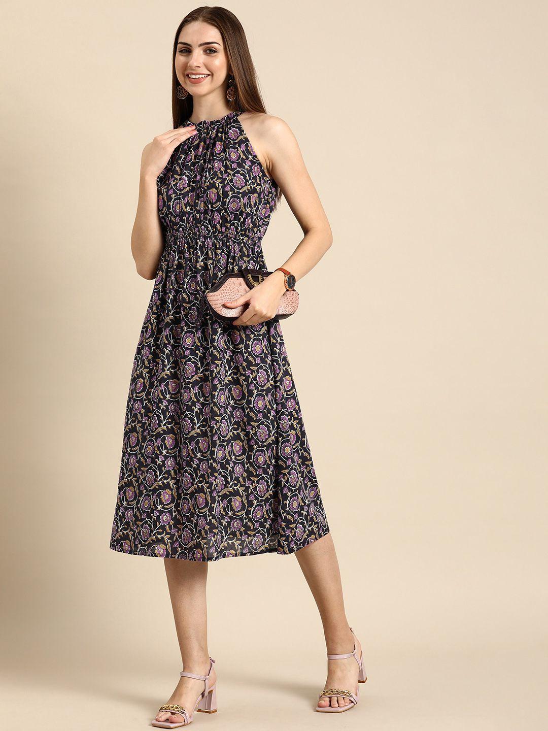 anouk floral print ethnic a-line midi dress with back tie-up detail