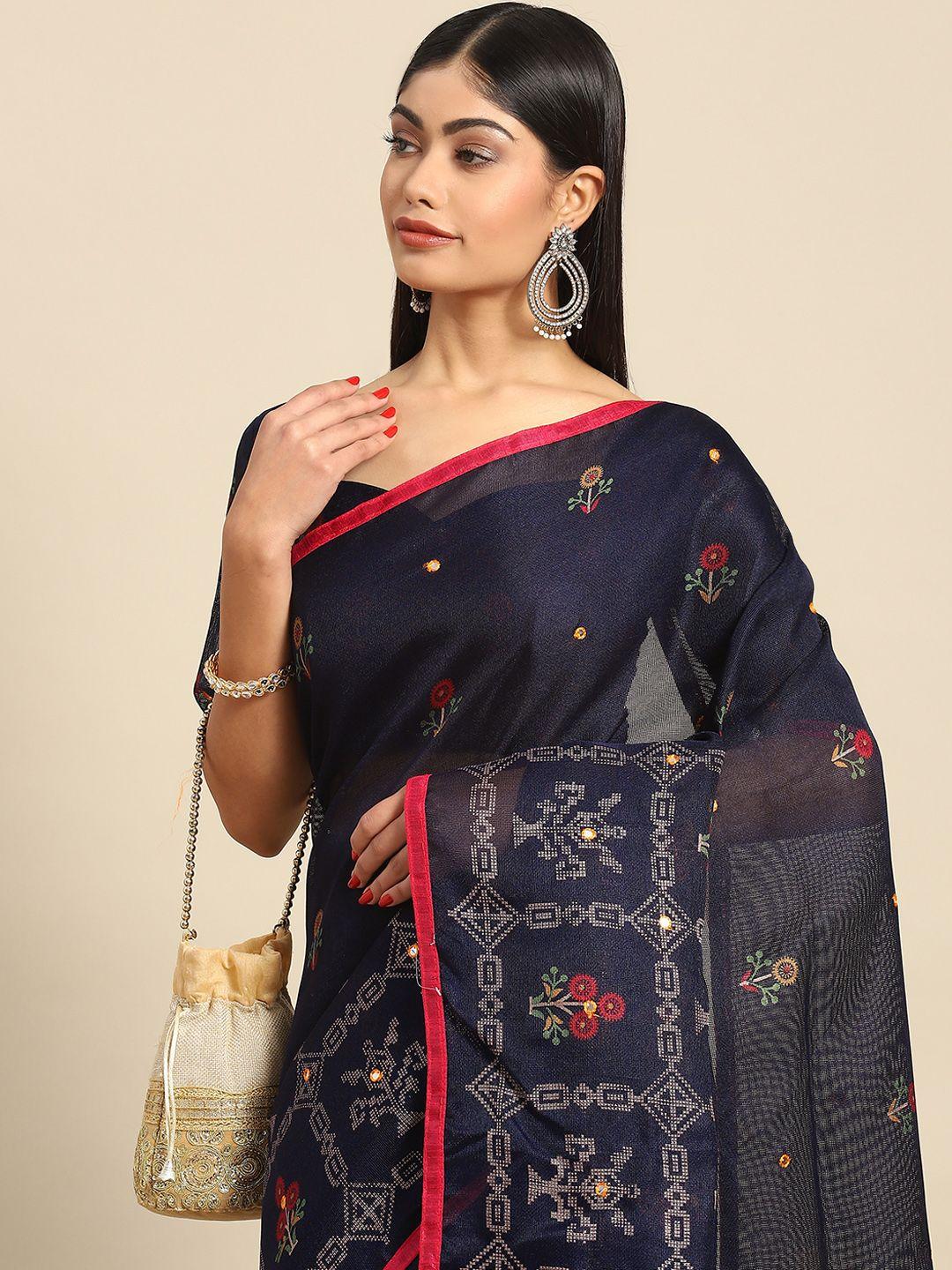 anouk floral print mirror work jute silk banarasi saree