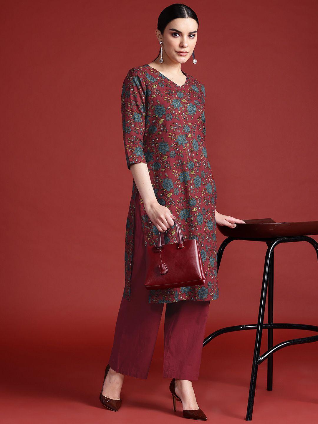 anouk floral print pure cotton kurta with palazzos