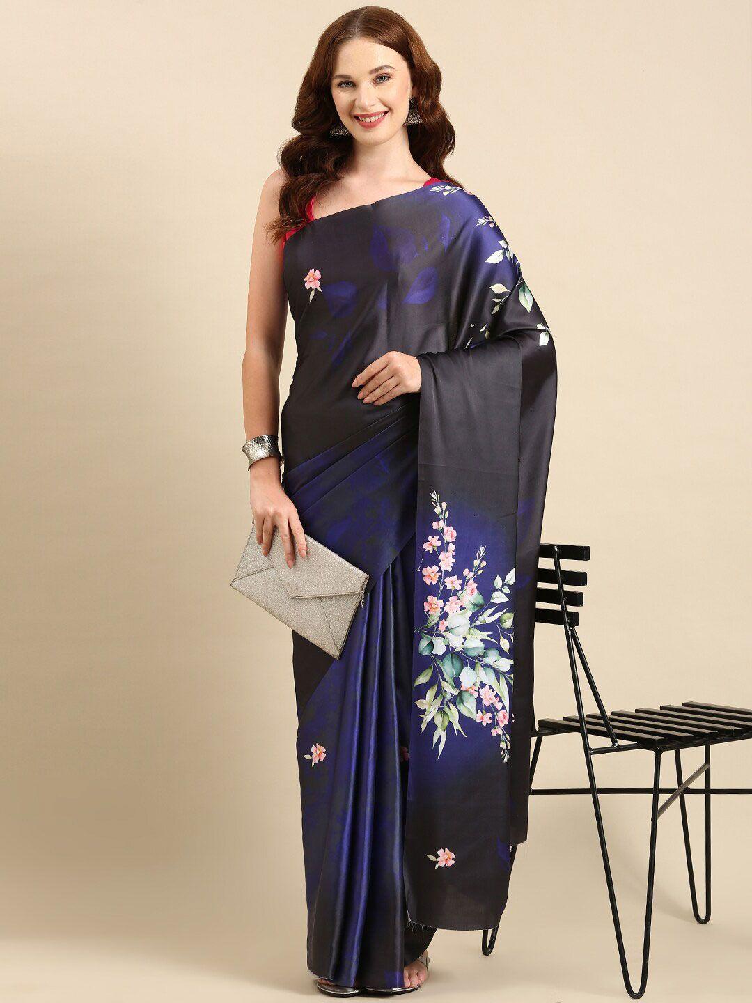 anouk floral print satin saree with blouse piece