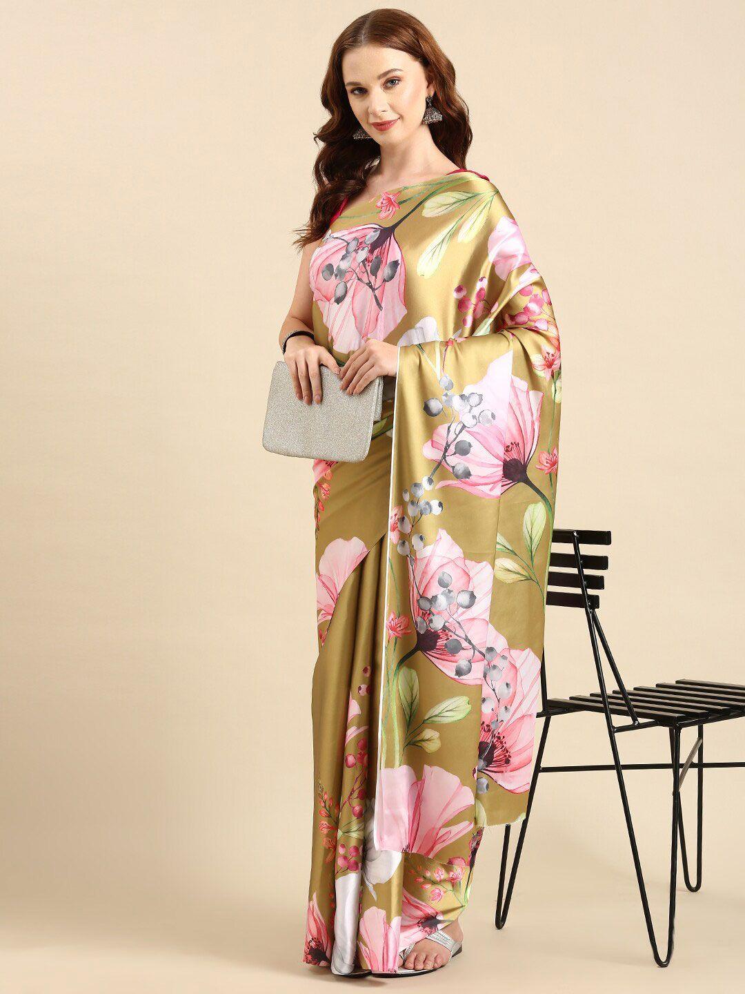 anouk floral print satin saree with blouse piece