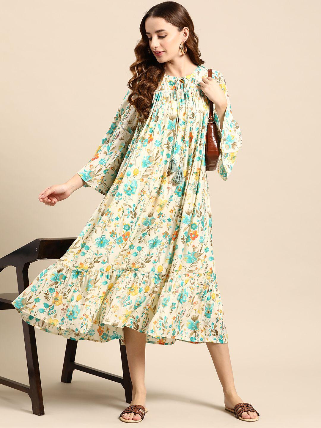 anouk floral print tie-up neck bell sleeve a-line midi dress