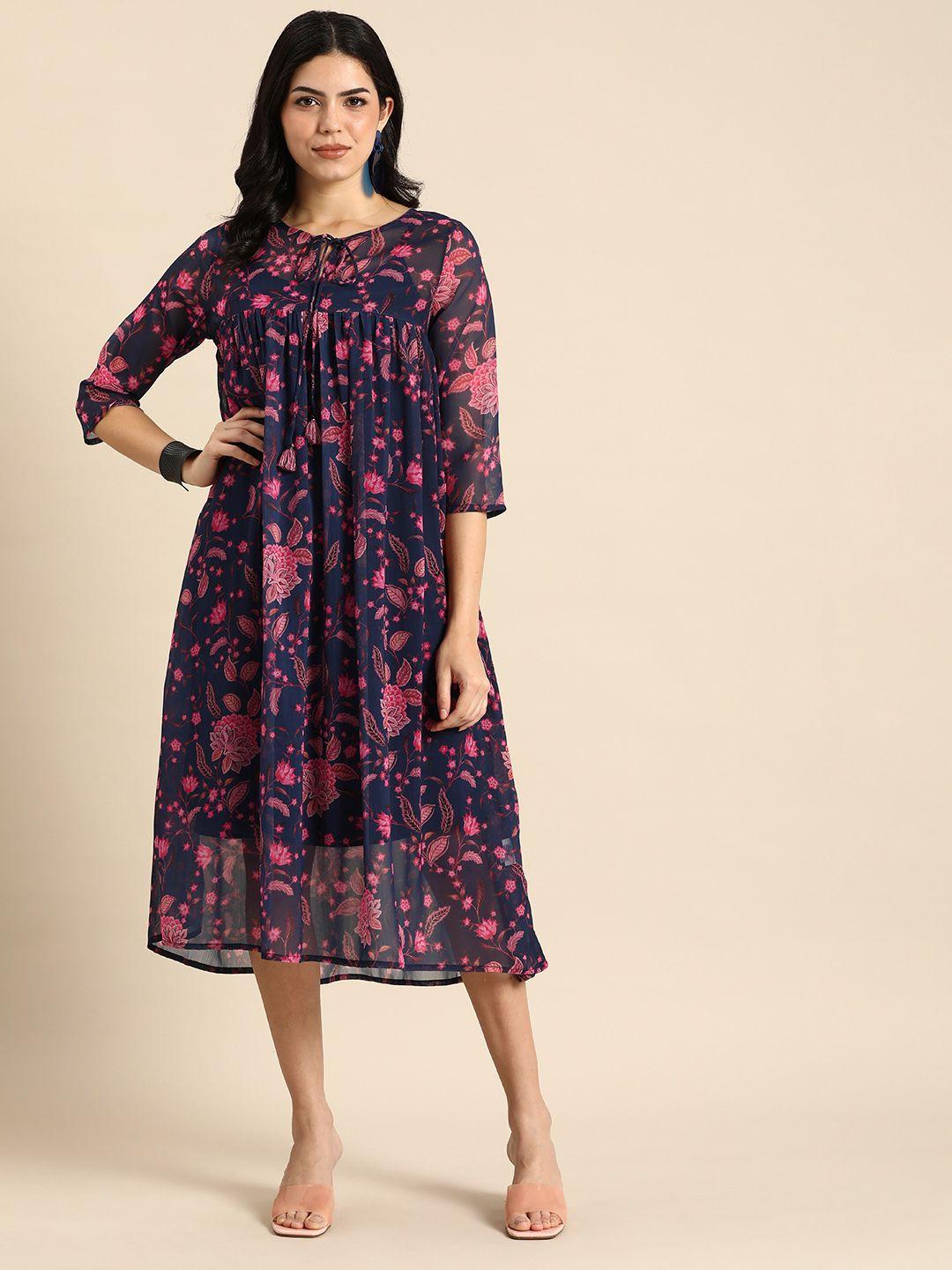 anouk floral printed a-line ethnic dress with inner slip