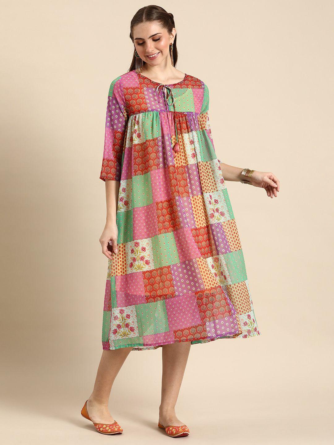 anouk floral printed a-line ethnic dress with inner slip