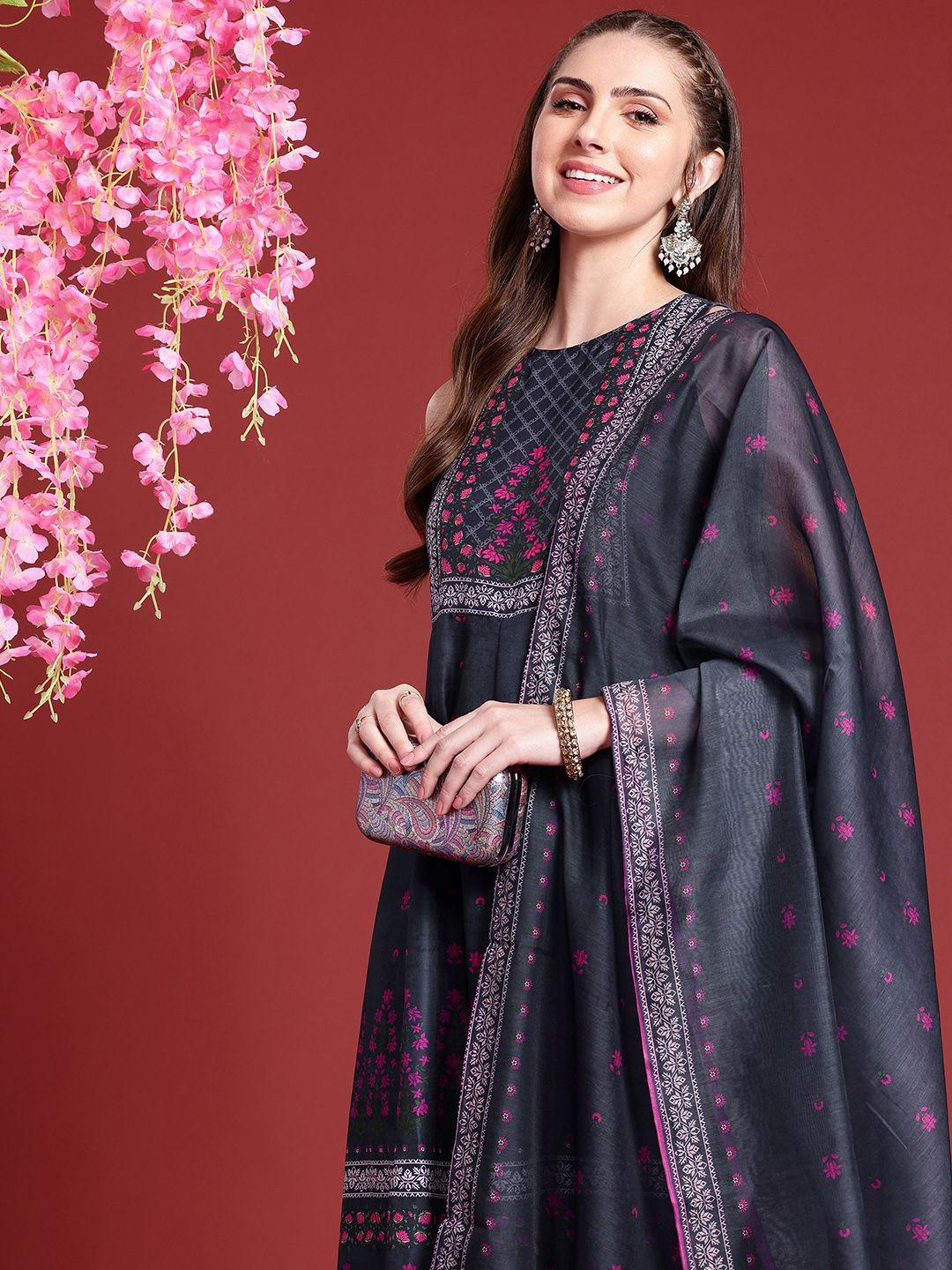 anouk floral printed a-line kurta with trousers & with dupatta