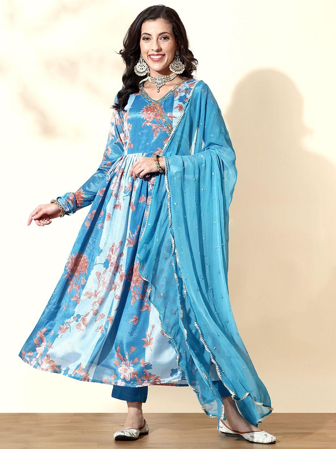 anouk floral printed anarkali kurta with trousers & with dupatta