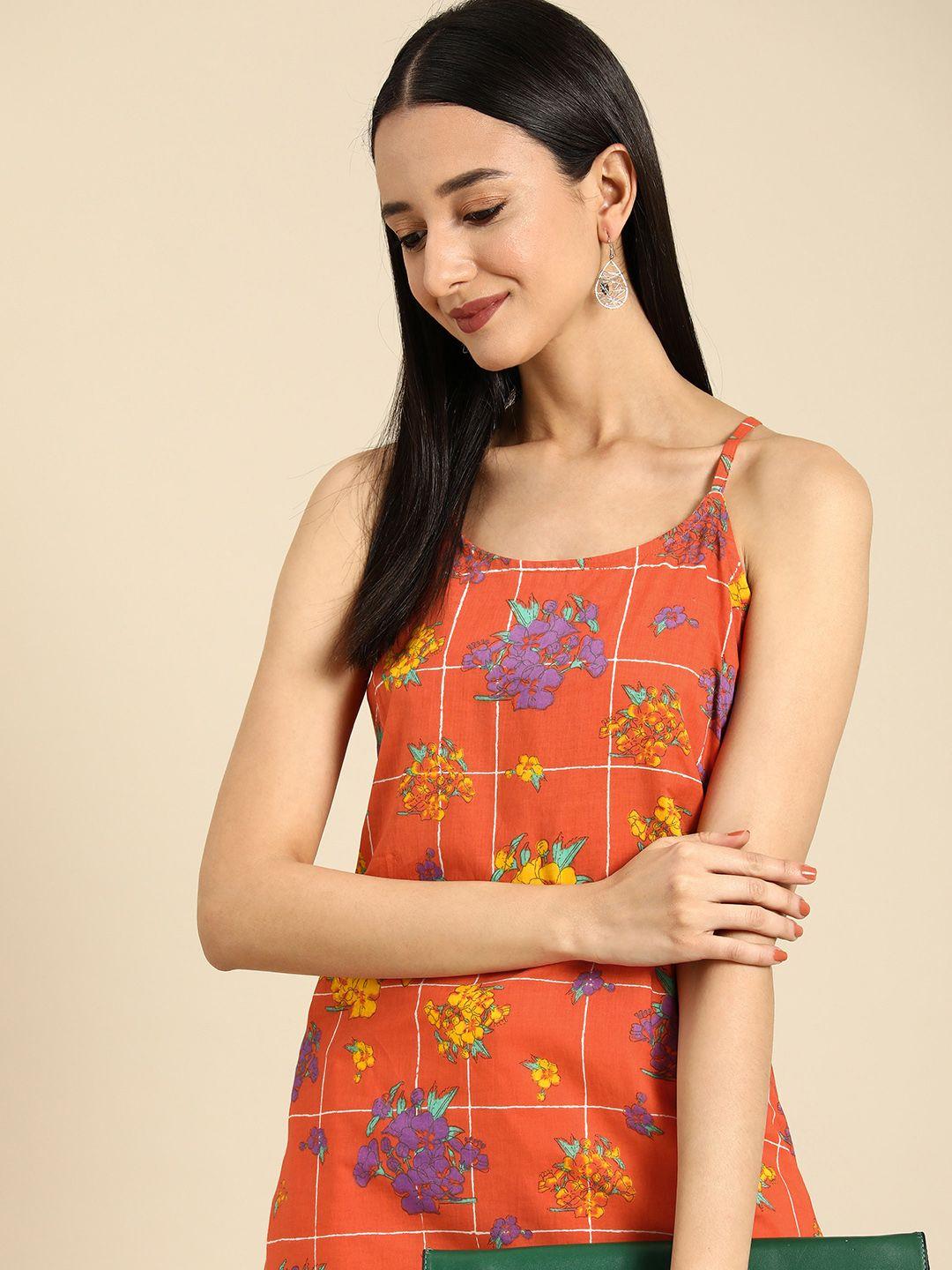 anouk floral printed and checked pure cotton sleeveless kurta