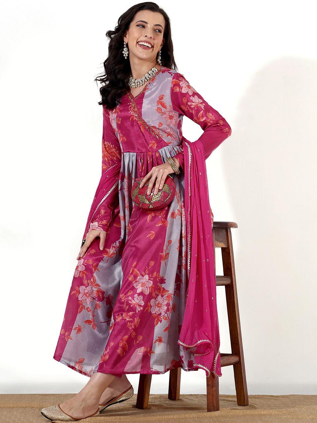 anouk floral printed beads and stones detail anarkali kurta & trousers with dupatta