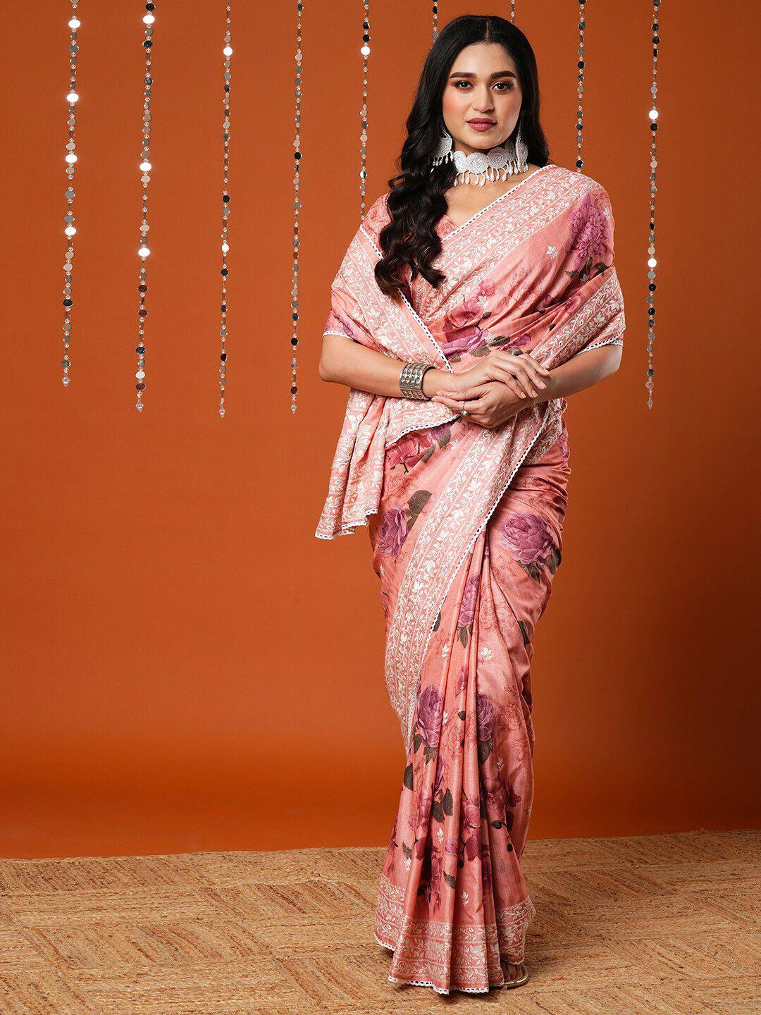 anouk floral printed embroidered dola silk saree