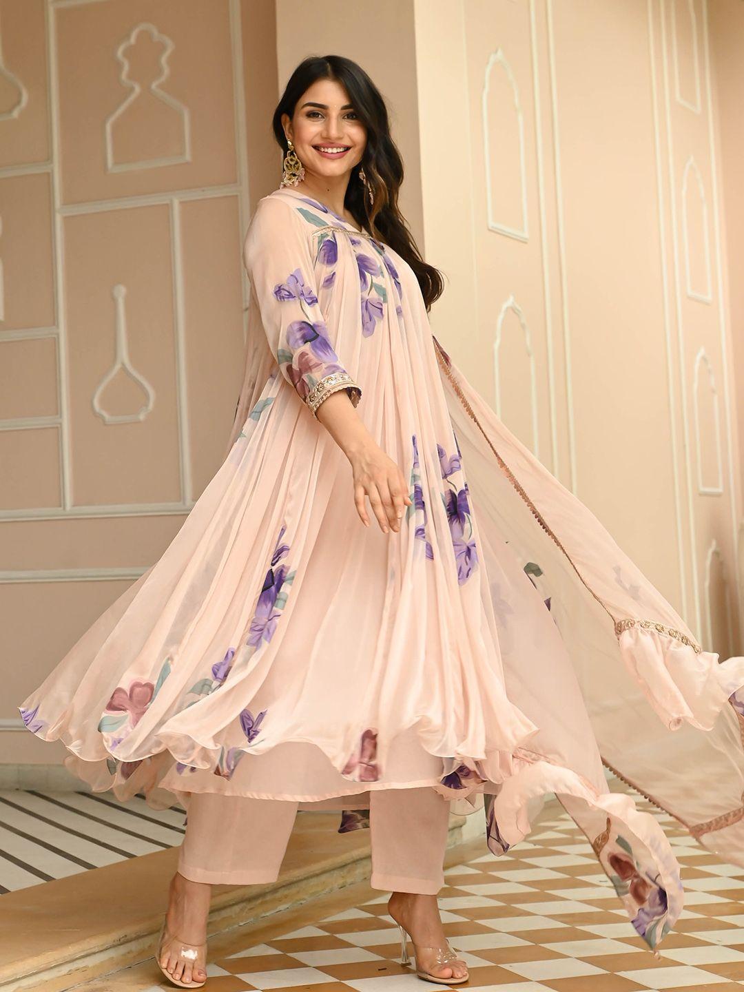 anouk floral printed empire anarkali kurta with trousers & with dupatta