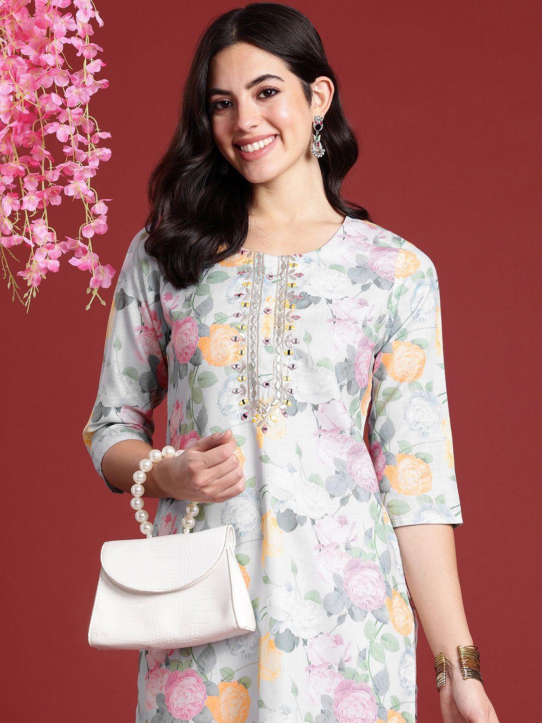 anouk floral printed mirror work kurta