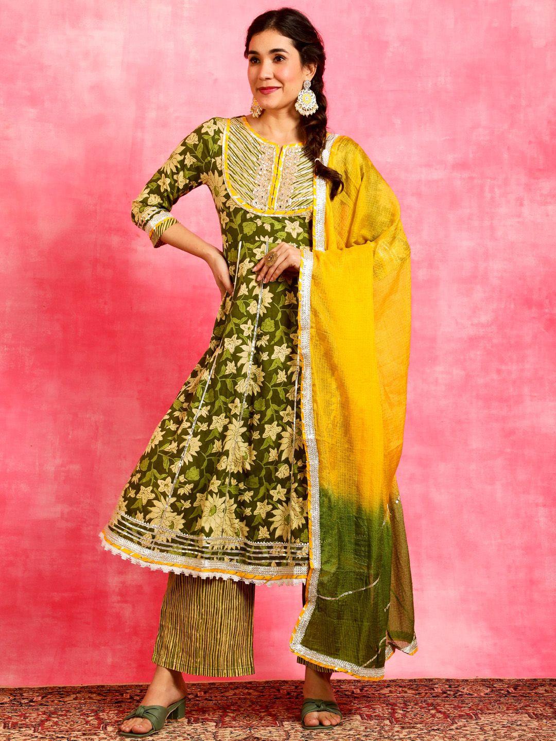 anouk floral printed pure cotton anarkali kurta with palazzos & dupatta