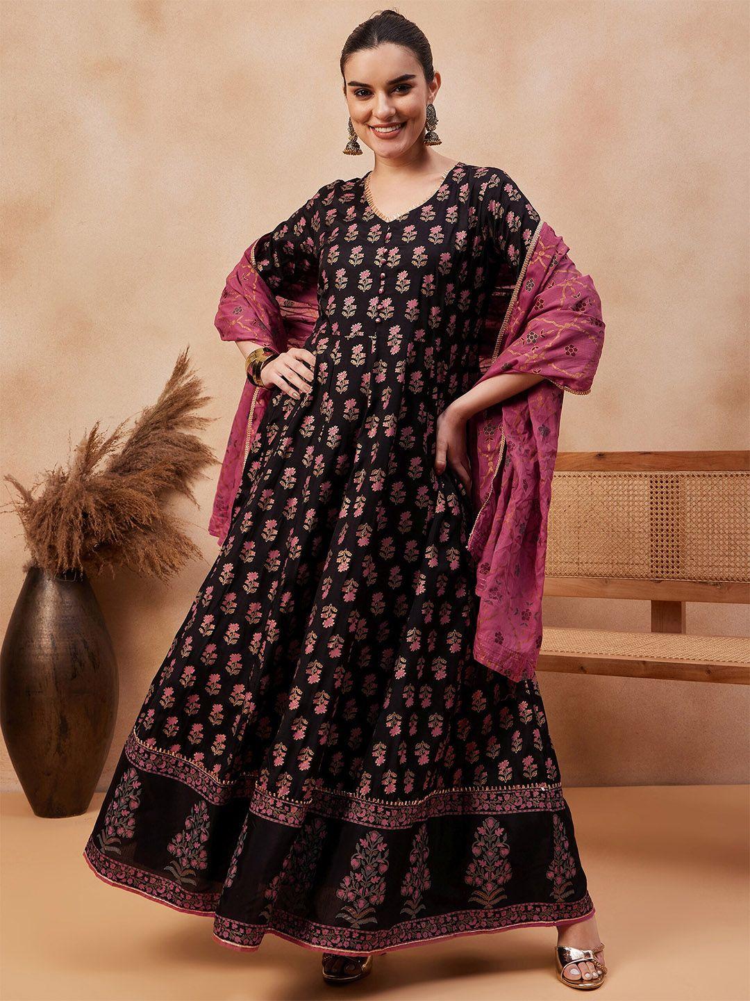 anouk floral printed regular gotta patti v-neck anarkali kurta with trousers & dupatta