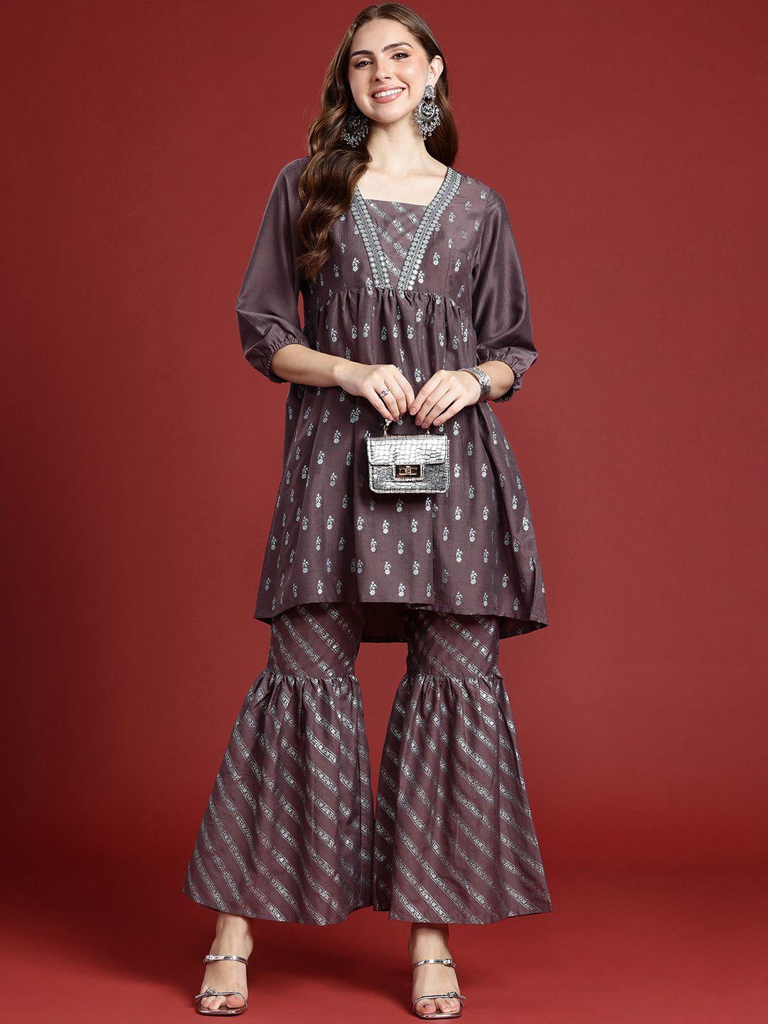 anouk floral printed regular sequinned a-line kurti with sharara