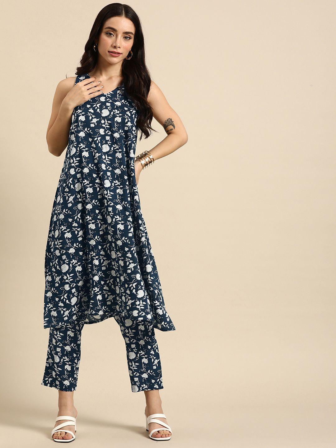 anouk floral printed regular sleeveless kurta with trousers