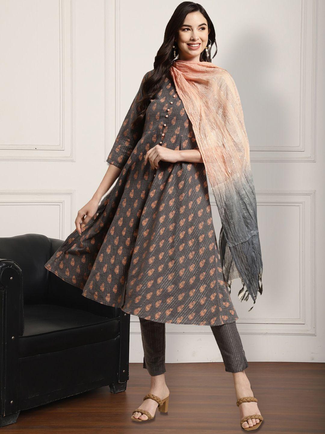 anouk floral printed round neck empire kurta with trousers & dupatta