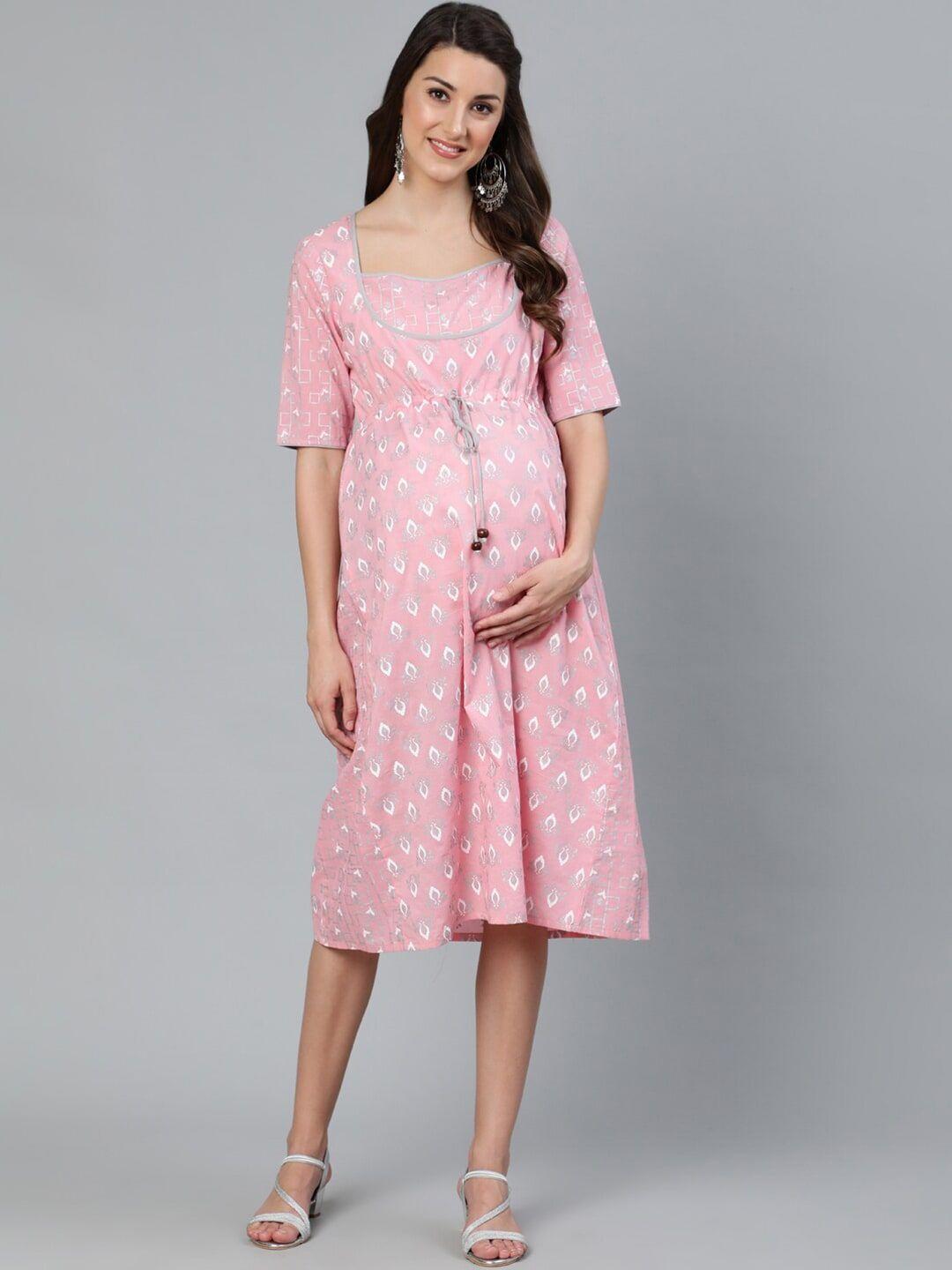 anouk floral printed round neck maternity cotton a-line dress