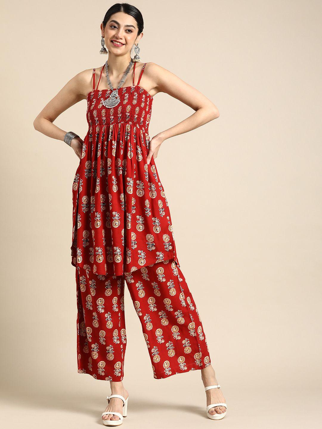 anouk floral printed shoulder straps smocked empire kurta with printed palazzos