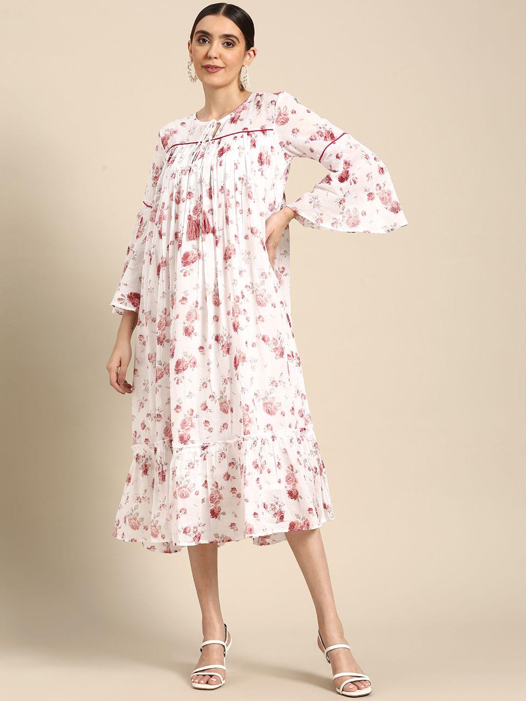 anouk floral printed tie-up neck bell sleeve a-line midi dress
