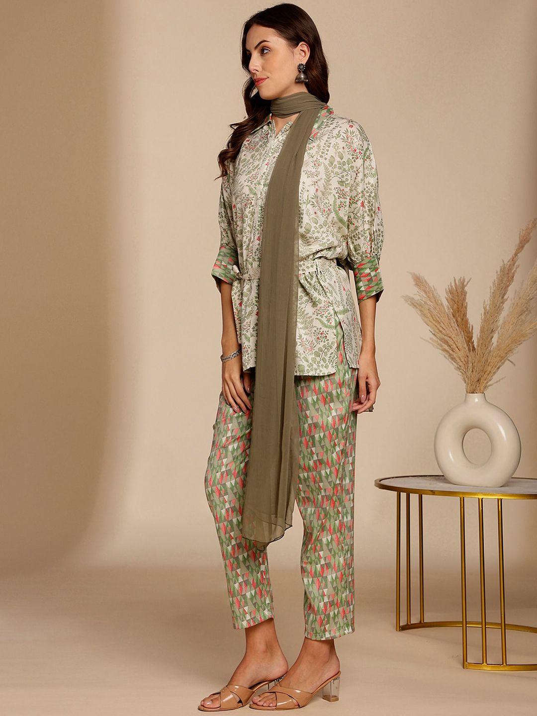 anouk floral printed tunic & trousers with dupatta
