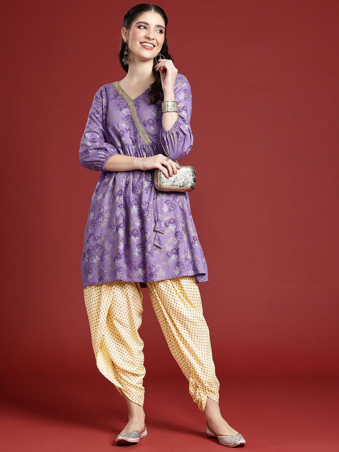 anouk floral printed v-neck angrakha styled a-line kurti with dhoti pants