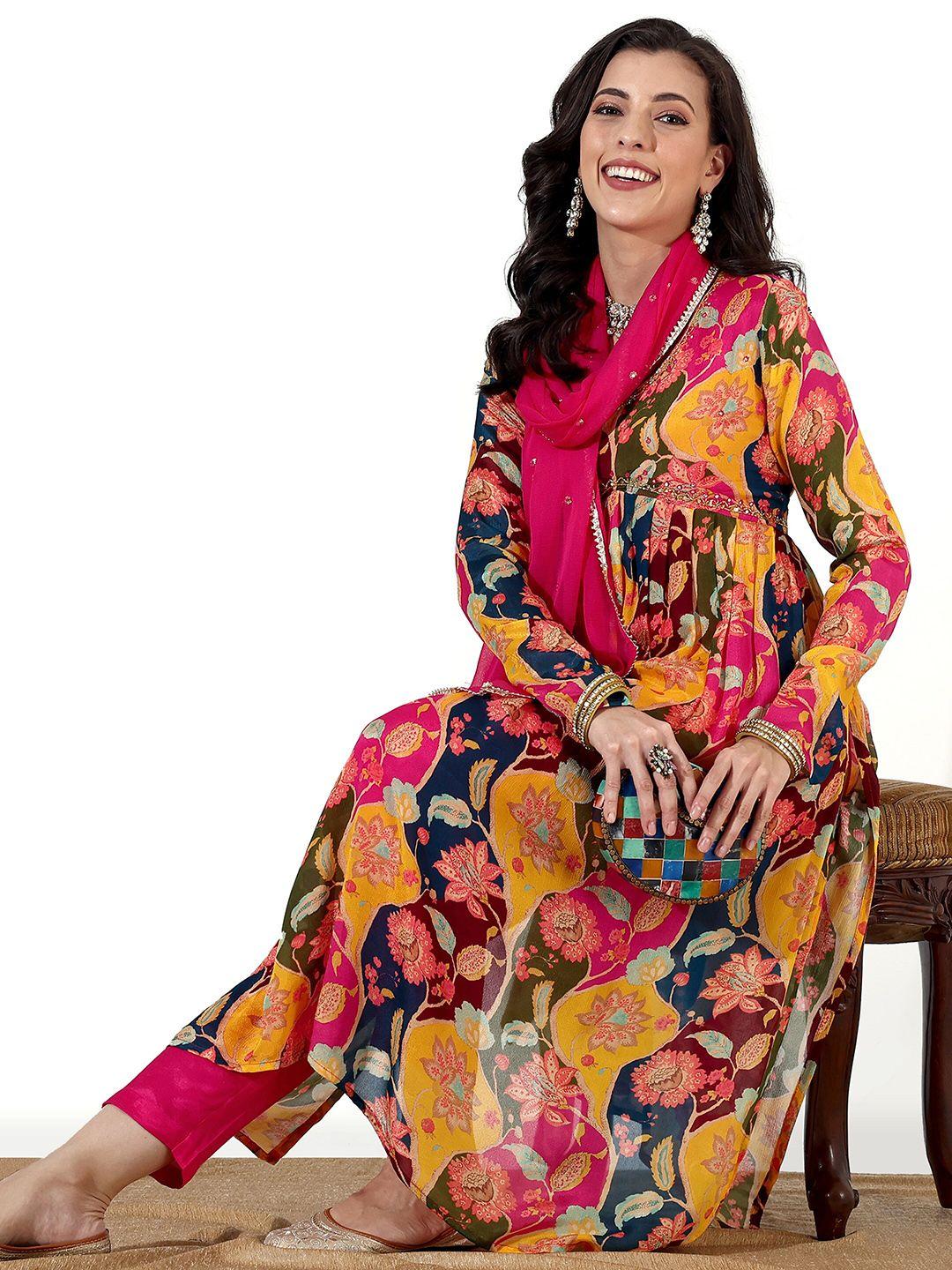 anouk floral printed v-neck empire anarkali kurta & trousers with dupatta