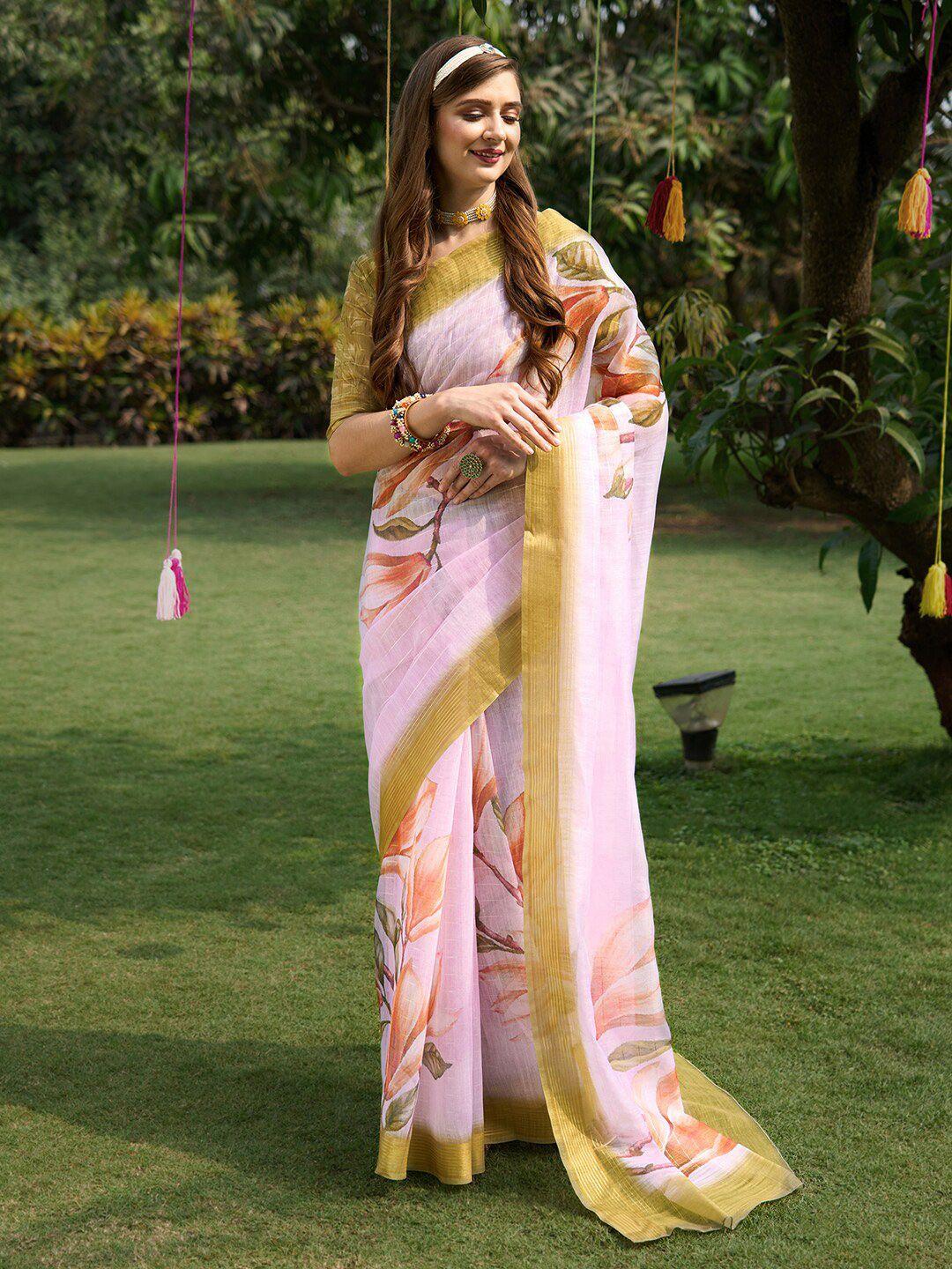 anouk floral printed zari bagru saree