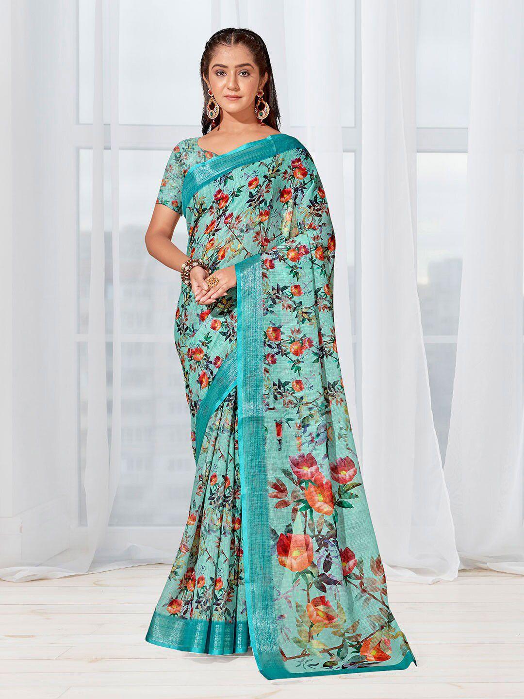 anouk floral printed zari linen blend saree