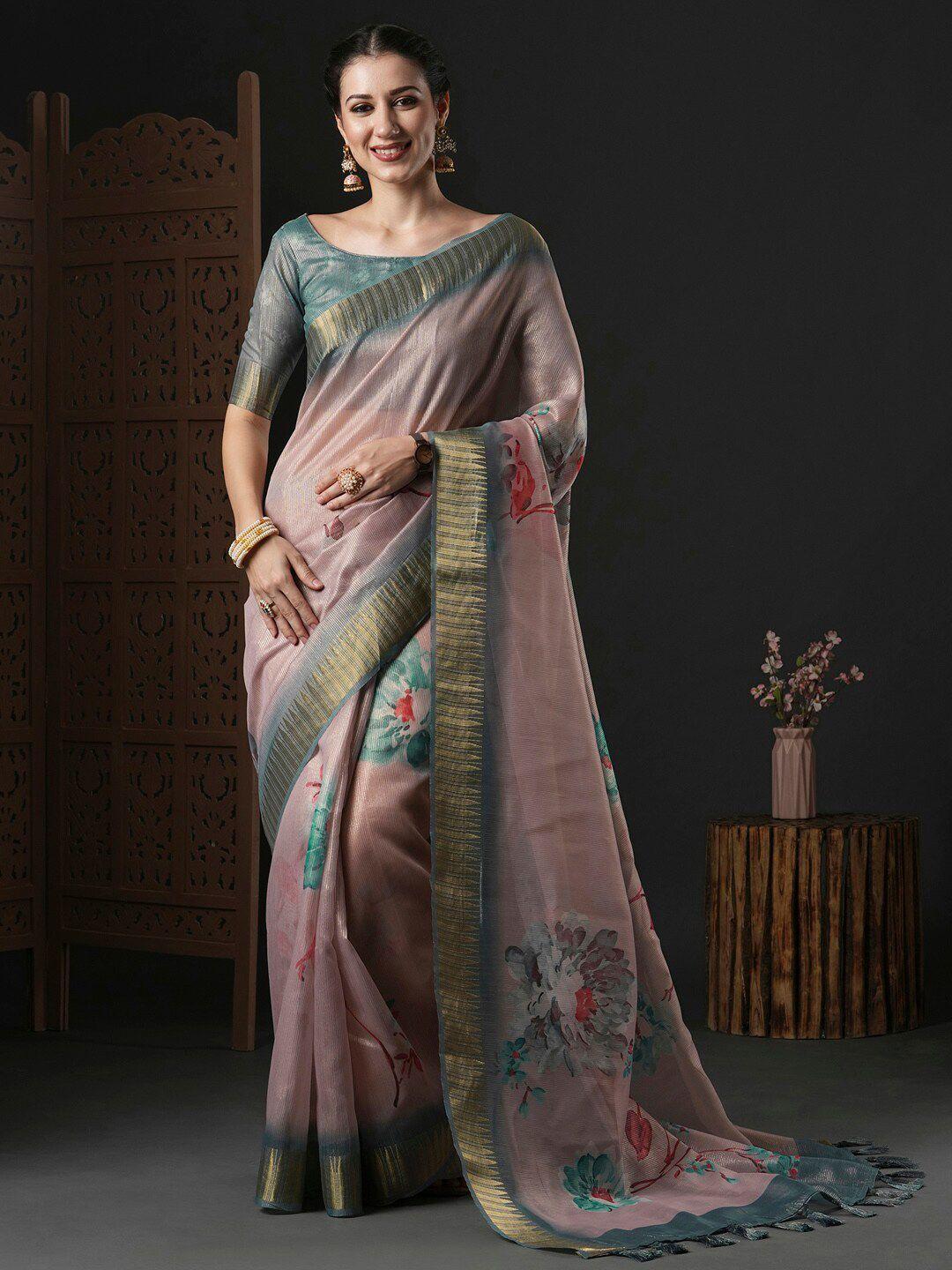 anouk floral printed zari organza sungudi saree